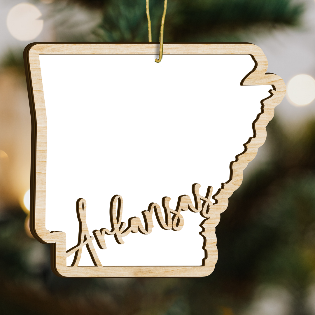 Arkansas state-shape wood ornament - blank photo template, add your own photo