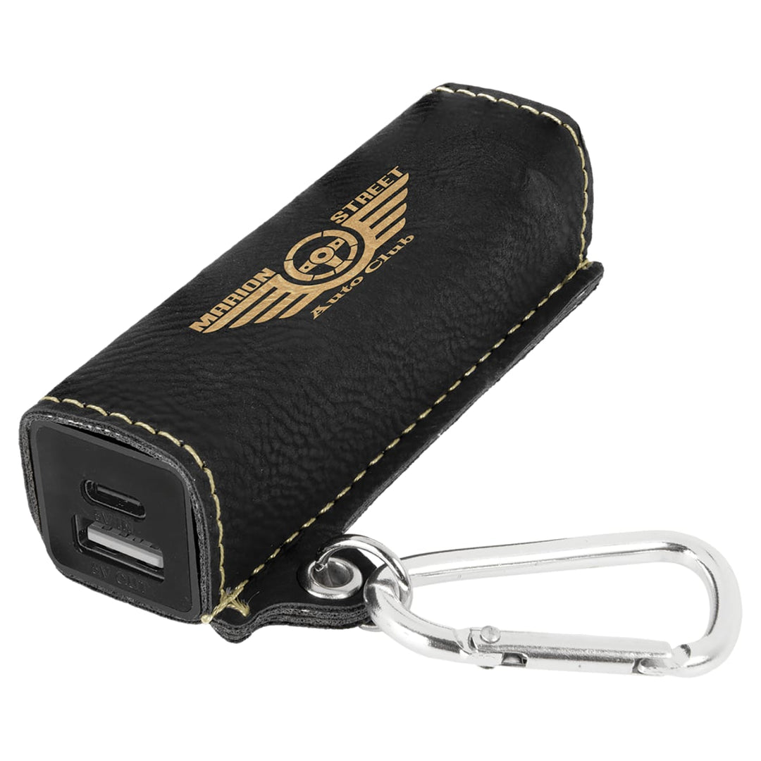 Custom engraved black and gold leatherette power bank - bulk