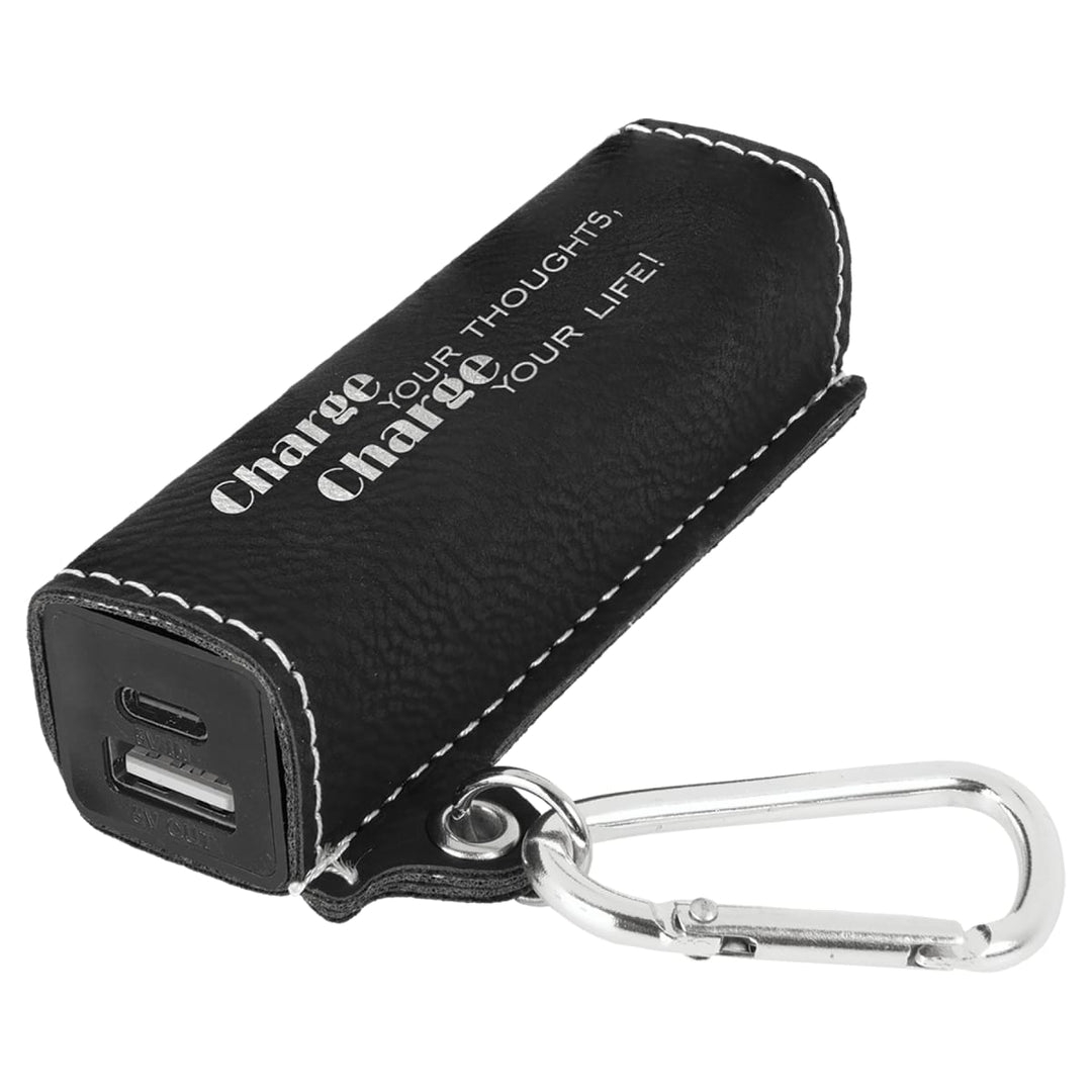Custom engraved black and silver leatherette power bank - bulk