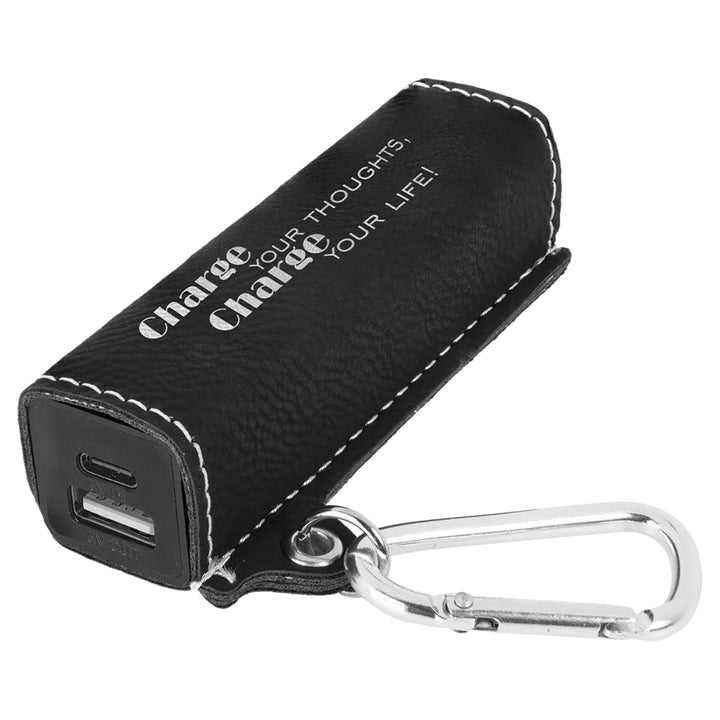 Custom engraved black and silver leatherette power bank - bulk