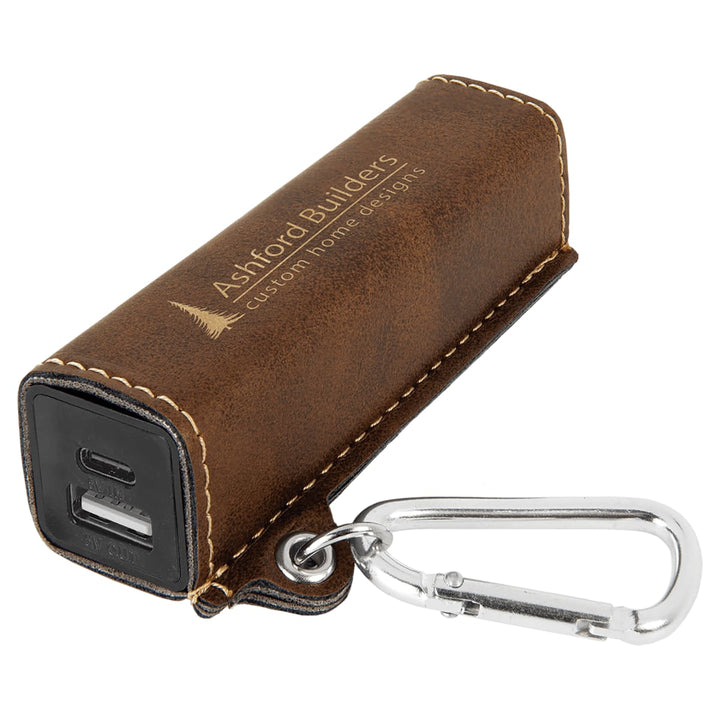 Custom engraved rustic and gold leatherette power bank - bulk