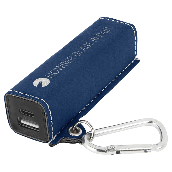 Custom engraved blue and silver leatherette power bank - bulk