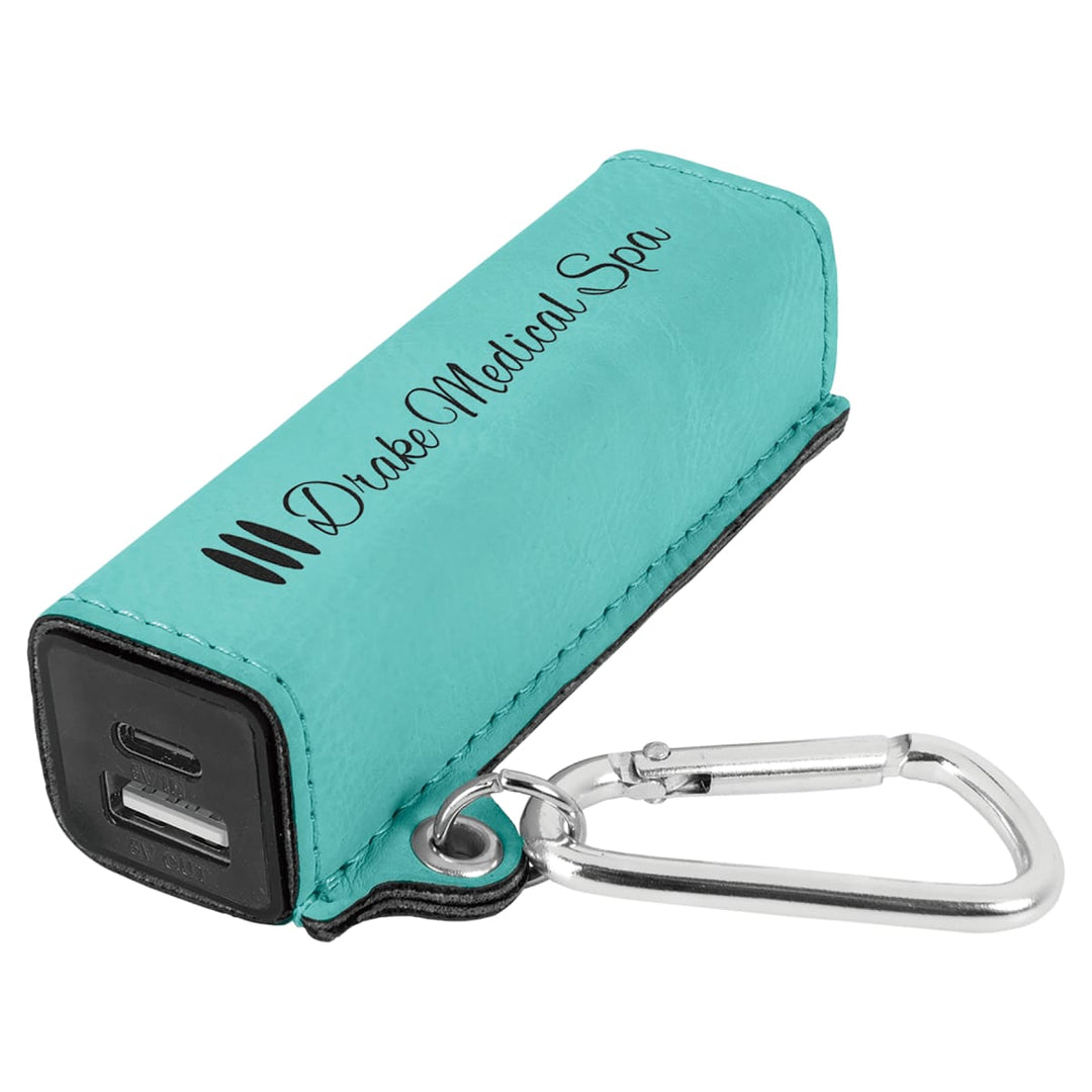 Custom engraved teal leatherette power bank - bulk