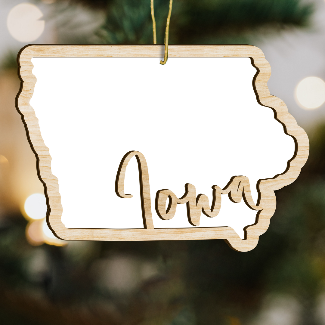 Iowa state-shape wood ornament - blank photo template, add your own photo