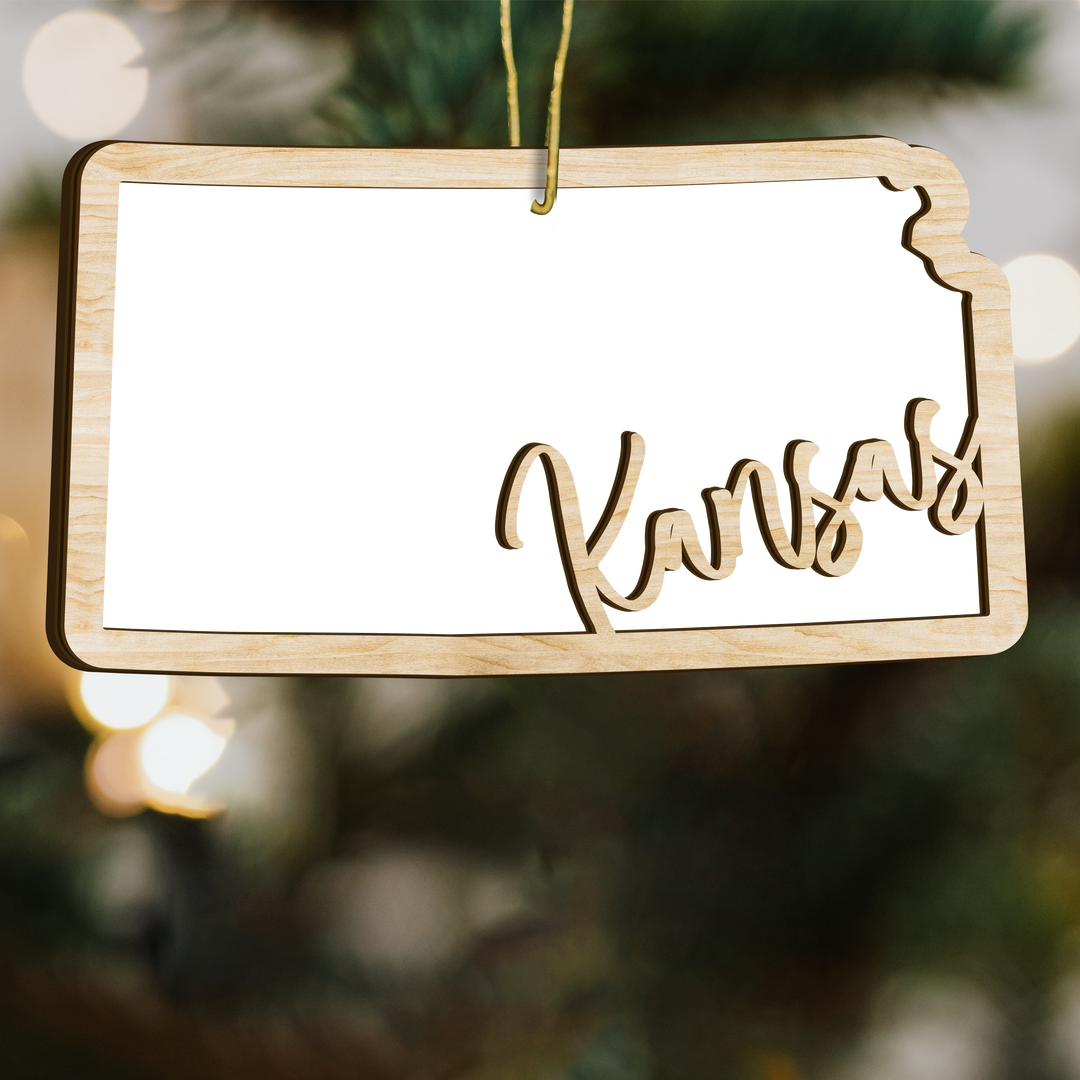 Kansas state-shape wood ornament - blank photo template, add your own photo