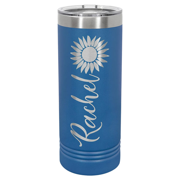 Custom laser engraved 22 oz Royal Blue skinny tumbler - bulk
