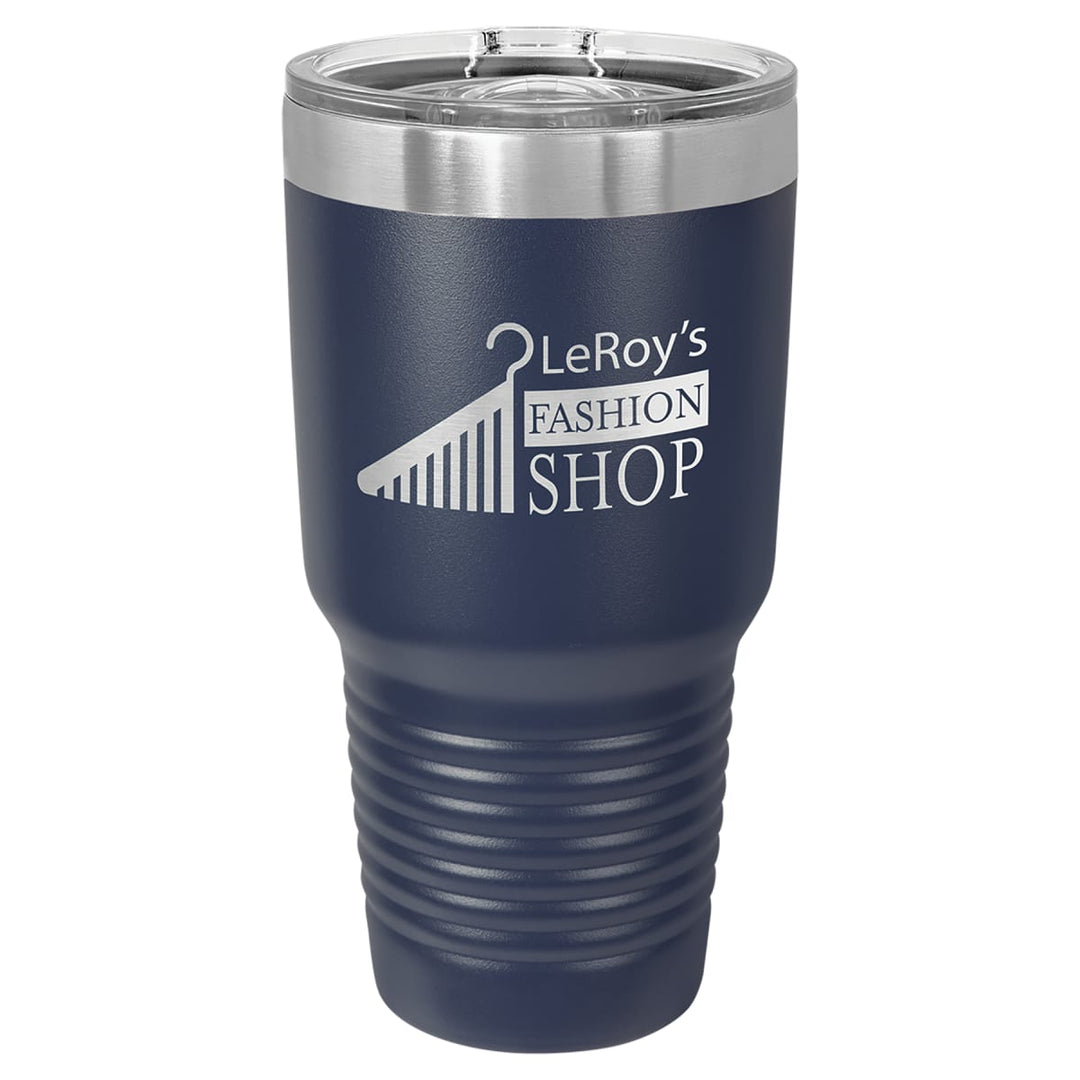 Custom laser engraved 30 oz Navy Blue slider-lid tumbler - bulk