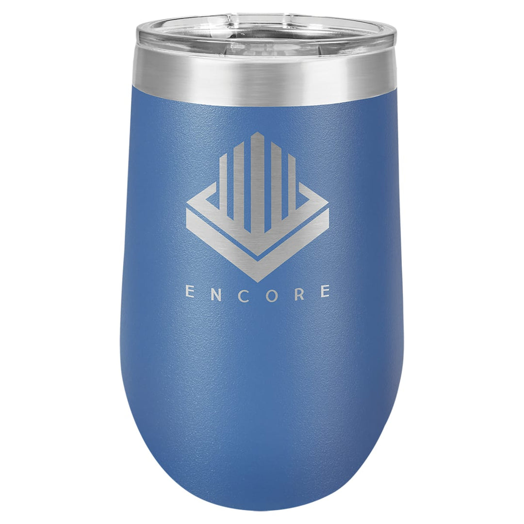 Custom laser engraved 16 oz Royal Blue stemless wine tumbler - bulk