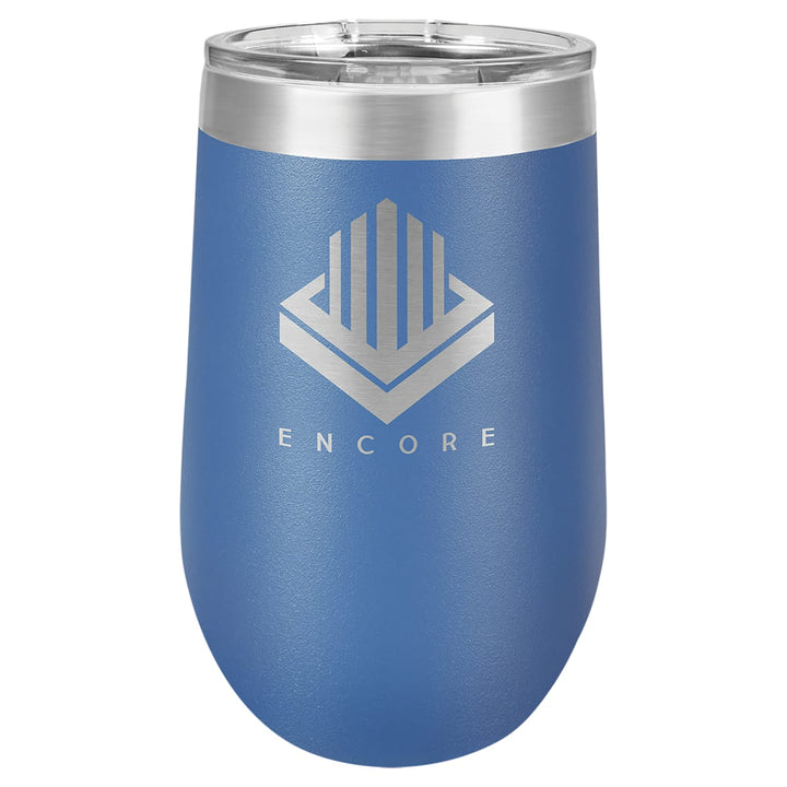 Custom laser engraved 16 oz Royal Blue stemless wine tumbler - bulk