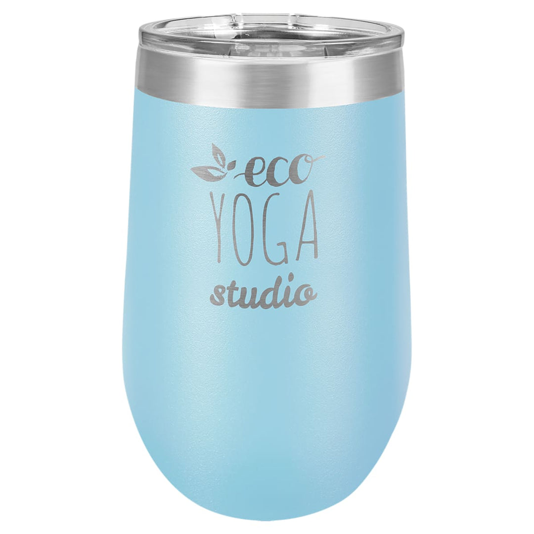 Custom laser engraved 16 oz Light Blue stemless wine tumbler - bulk