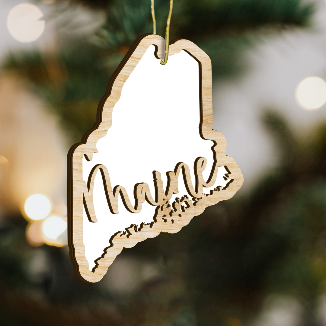 Maine state-shape wood ornament - blank photo template, add your own photo