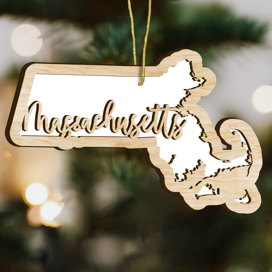 Massachusetts state-shape wood ornament - blank photo template, add your own photo