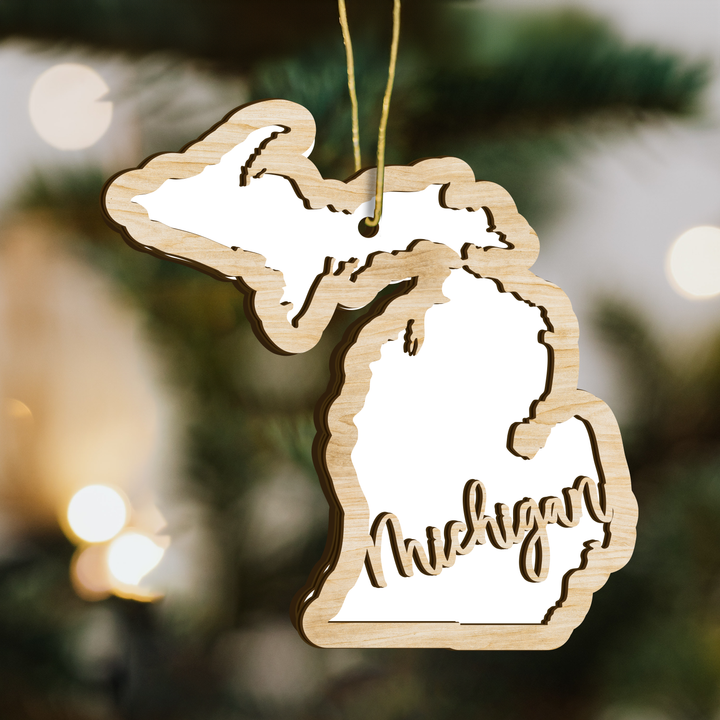 Michigan state-shape wood ornament on a tree, blank photo panel for your own picture