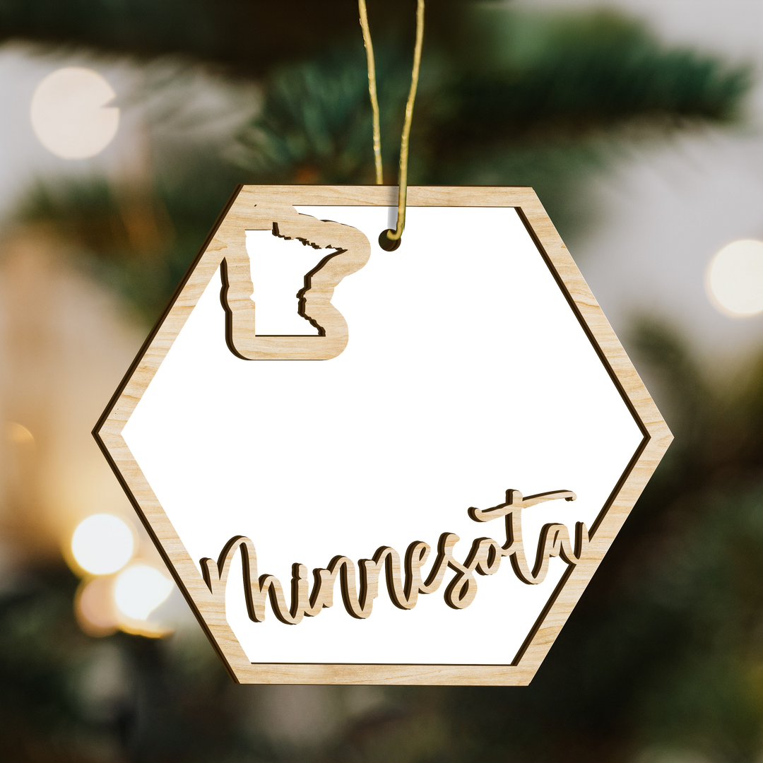 Minnesota hexagon wood ornament on a tree, blank photo panel with the state outline