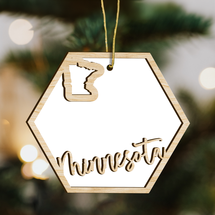 Minnesota hexagon wood ornament on a tree, blank photo panel with the state outline