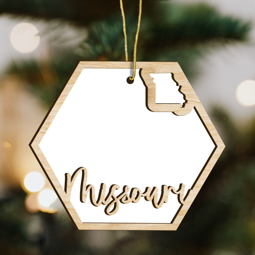 Missouri hexagon wood ornament on a tree, blank photo panel with the state outline