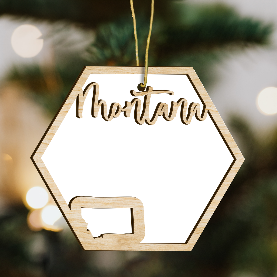 Montana hexagon wood ornament on a tree, blank photo panel with the state outline