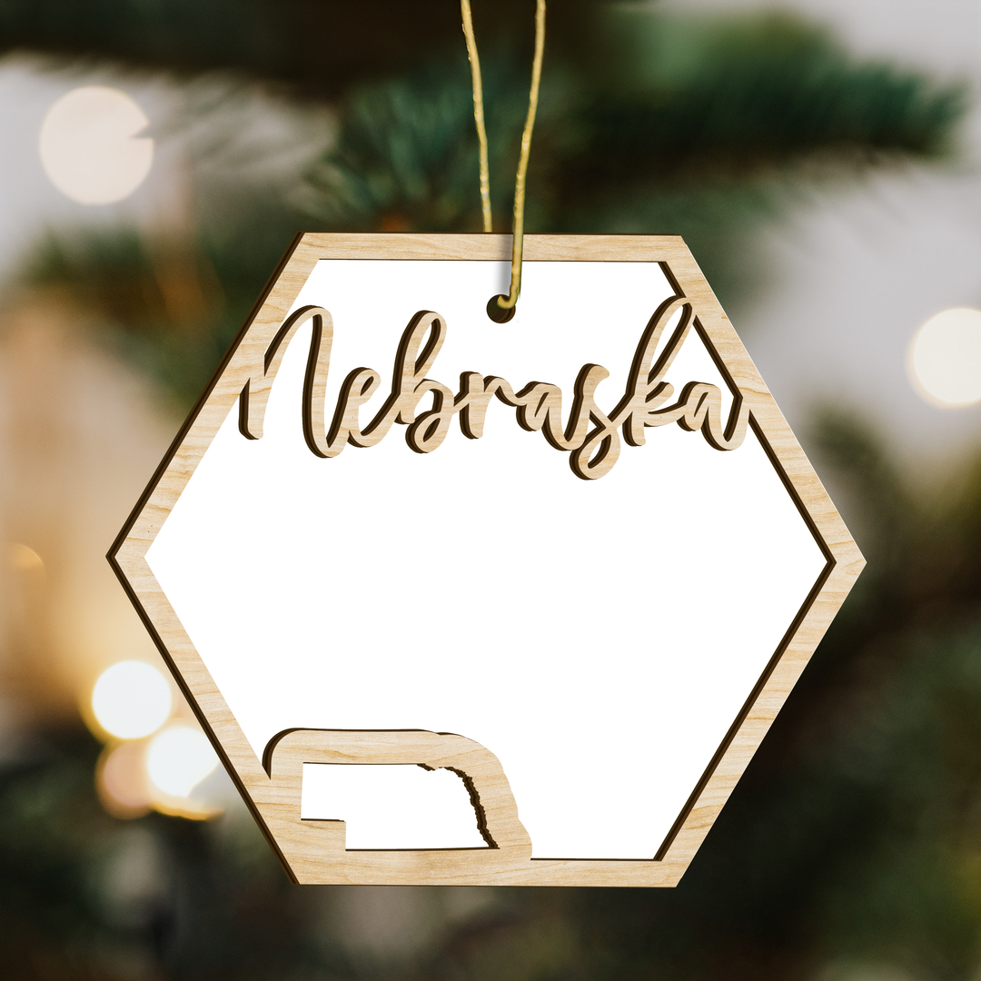 Nebraska hexagon wood ornament on a tree, blank photo panel with the state outline