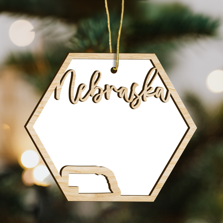Nebraska hexagon wood ornament on a tree, blank photo panel with the state outline