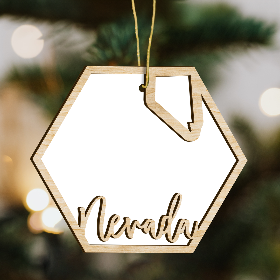 Nevada hexagon wood ornament on a tree, blank photo panel with the state outline
