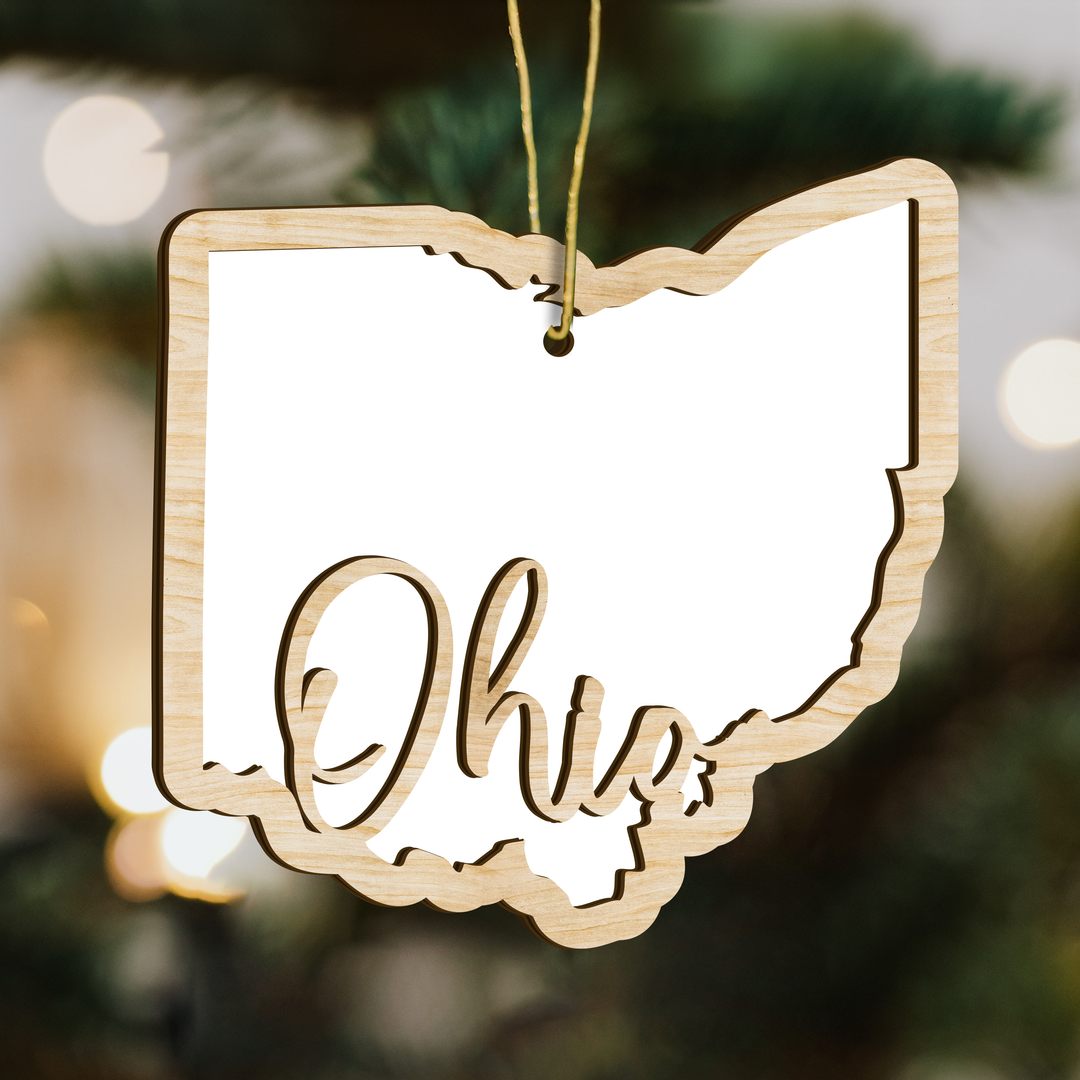 Ohio state-shape wood ornament on a tree, blank photo panel for your own picture