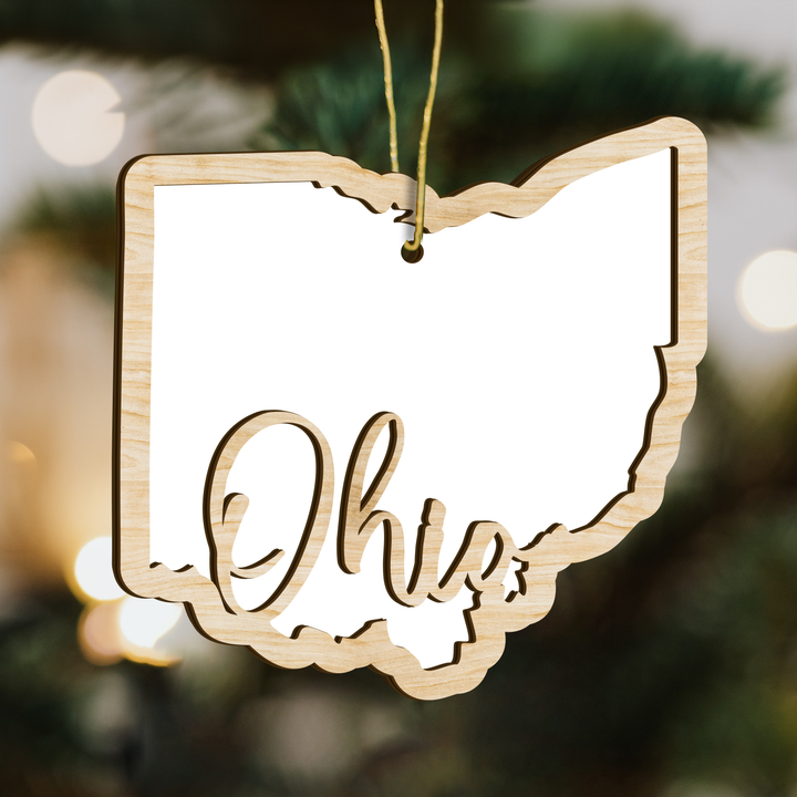 Ohio state-shape wood ornament on a tree, blank photo panel for your own picture