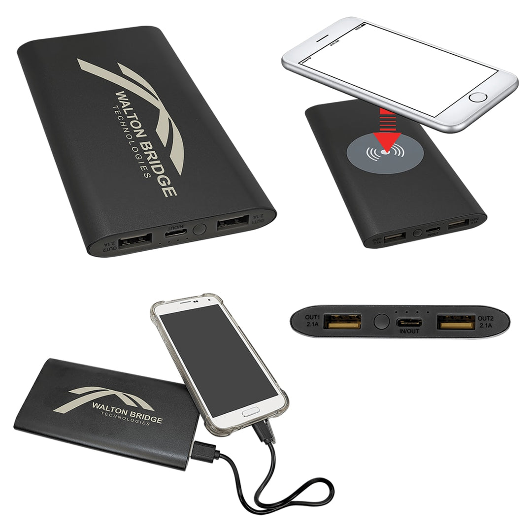 Custom 8000 mAh black metal wireless power bank - bulk