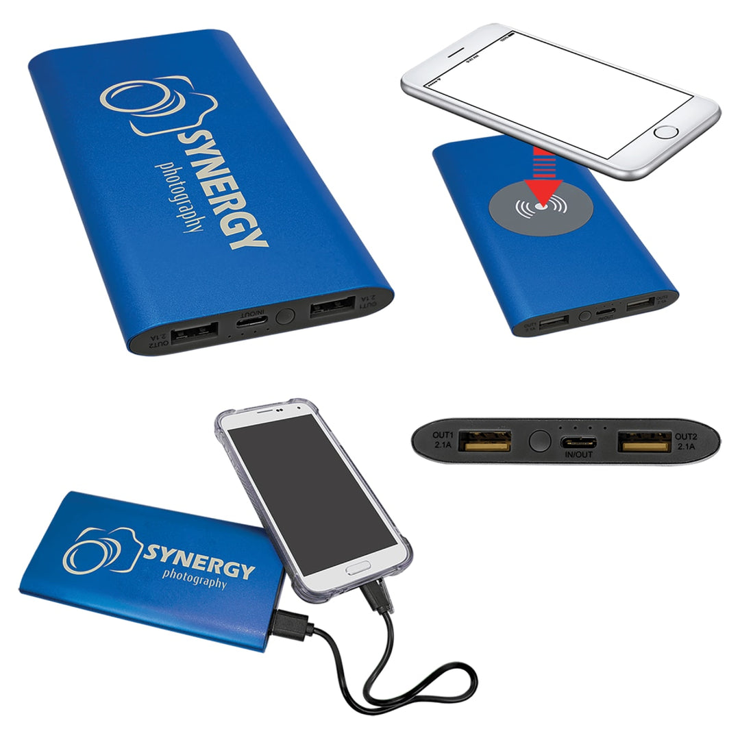 Custom 8000 mAh blue metal wireless power bank - bulk