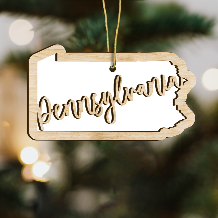 Pennsylvania state-shape wood ornament on a tree, blank photo panel for your own picture