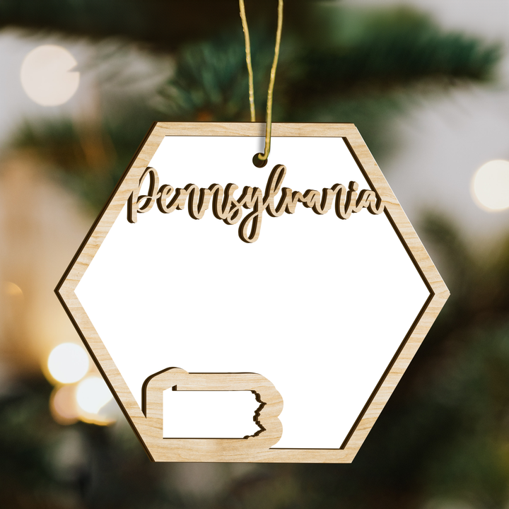 Pennsylvania hexagon wood ornament on a tree, blank photo panel with the state outline