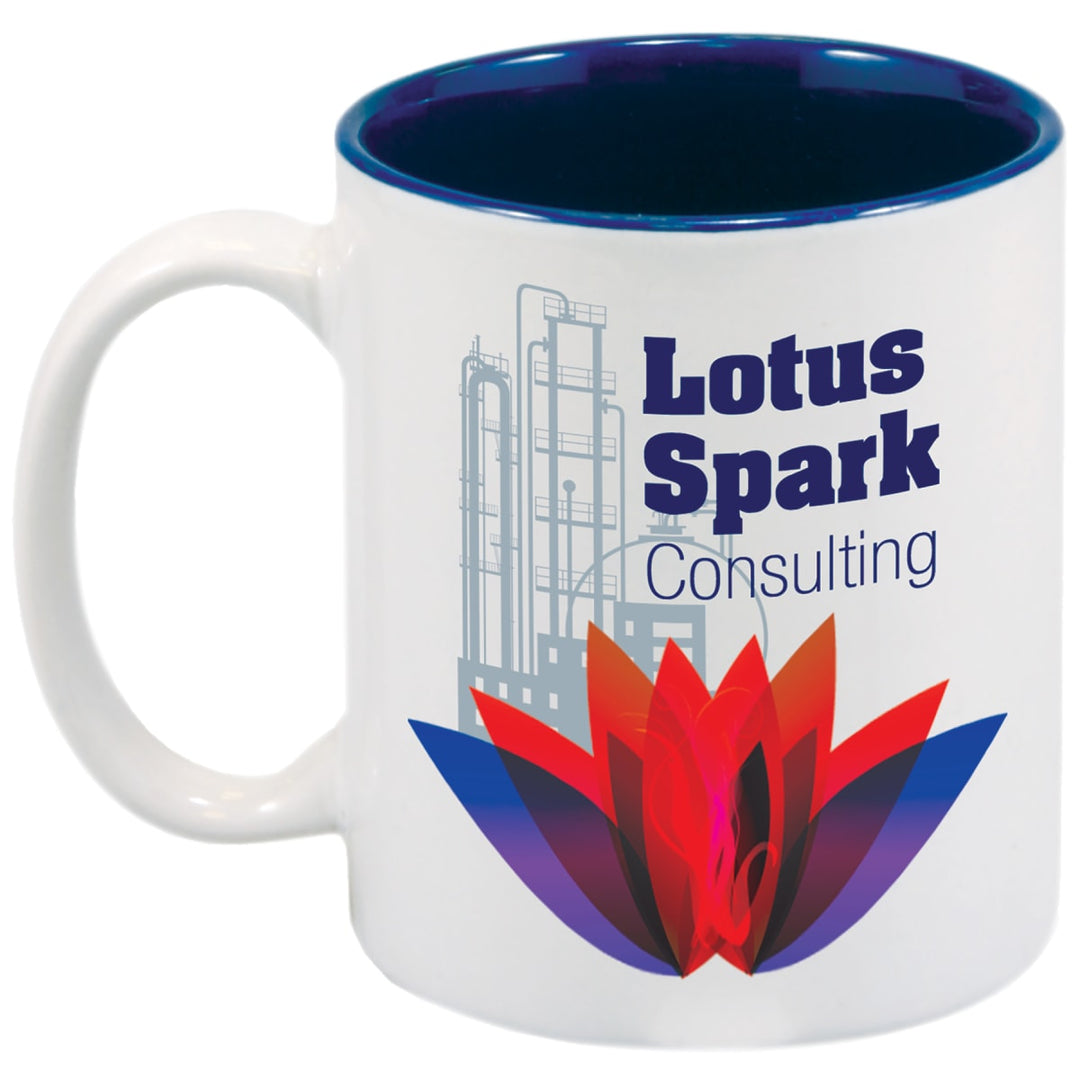 Custom full-color 11 oz ceramic mug with blue rim and handle - bulk