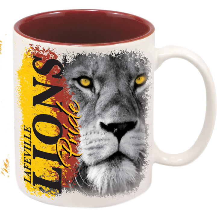 Custom full-color 11 oz ceramic mug with maroon rim and handle - bulk