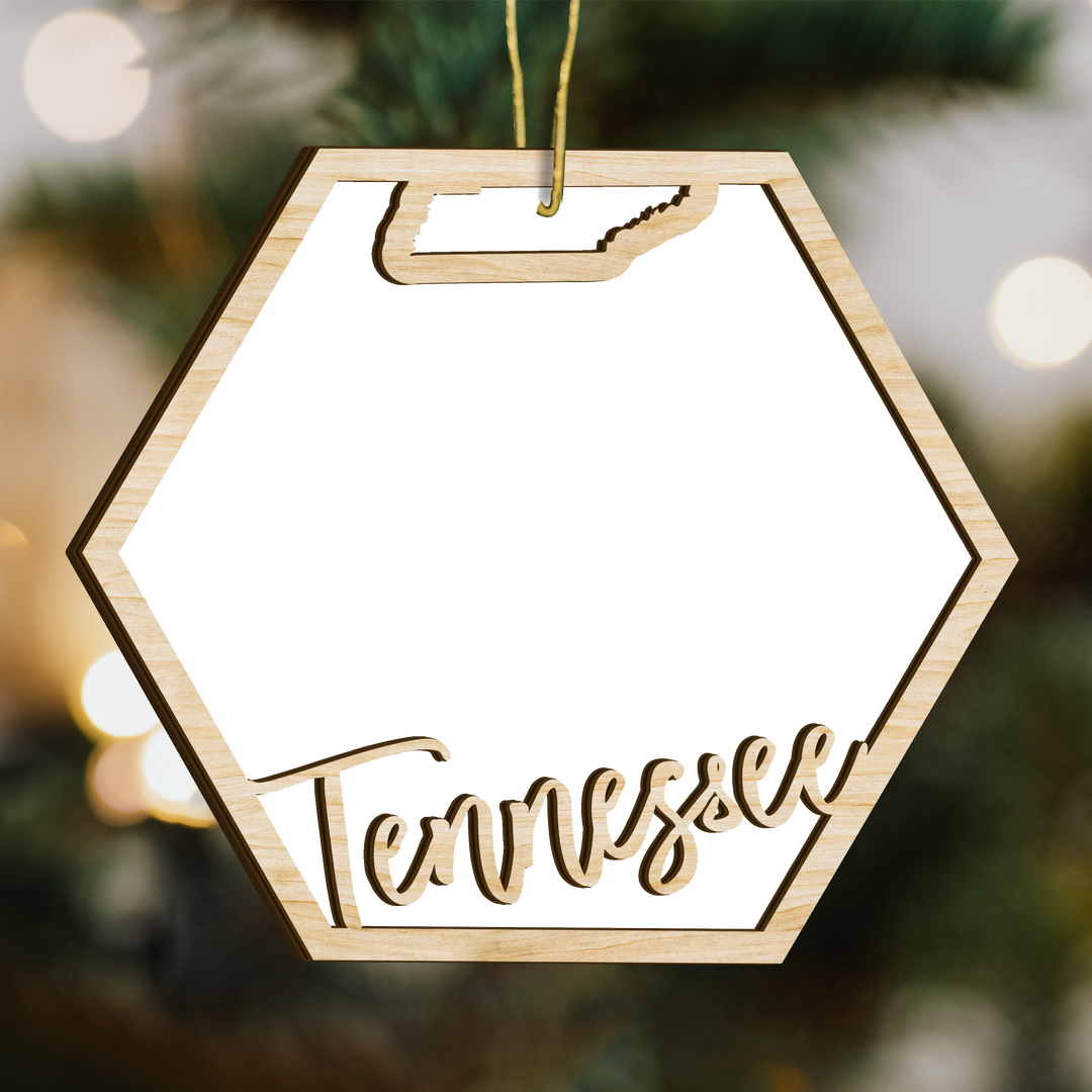 Tennessee hexagon wood ornament on a tree, blank photo panel with a small state outline above