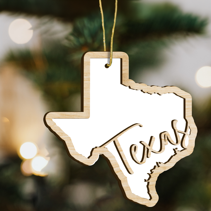 Texas state-shape wood ornament on a tree, blank photo panel for your own picture