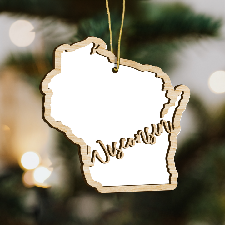 Wisconsin state-shape wood ornament on a tree, blank photo panel for your own picture
