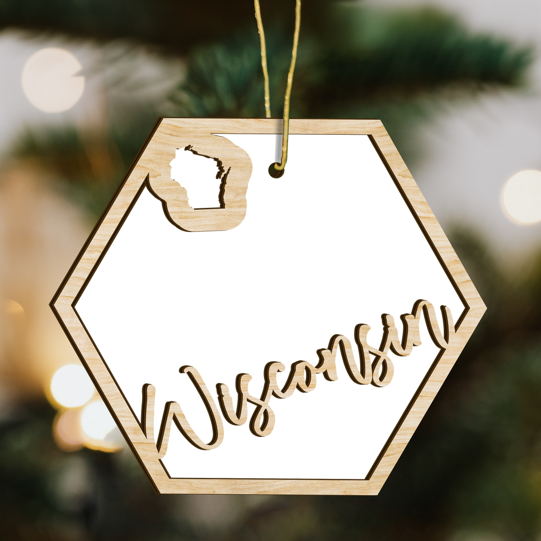 Wisconsin hexagon wood ornament on a tree, blank photo panel with the state outline