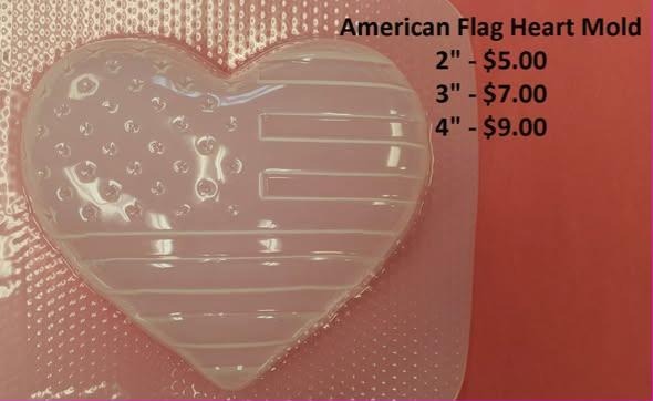 American flag heart mold with raised stars and stripes, in clear plastic