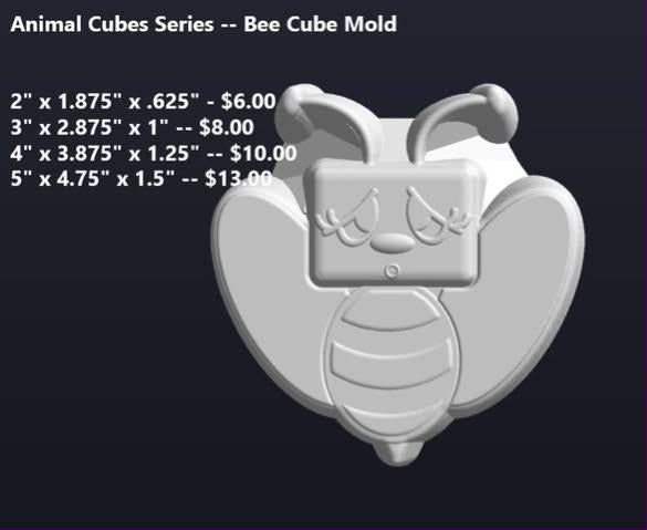 Bee cube mold, a cube-headed bee with sleepy eyes, wings and a striped body