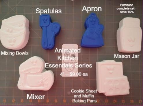 The Animated Kitchen Essentials mold series laid out: mixing bowls, spatulas, apron, mason jar, mixer and baking pans
