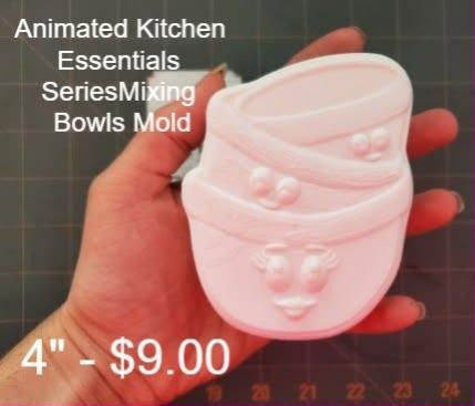 Cartoon mixing bowls mold, a nested stack with a smiling face, cast in pink