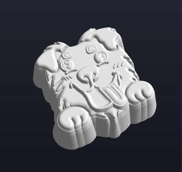 Australian Shepherd peeking puppy mold, a shaggy dog with both paws draped over a ledge