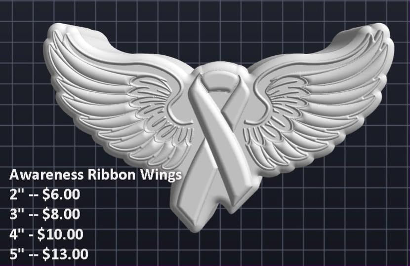 Awareness ribbon wings mold, a ribbon between outspread angel wings with layered feathers