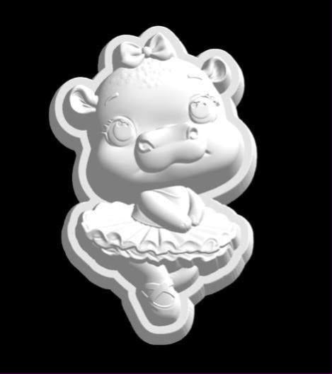 Ballerina hippo mold, a round-bellied hippo on one leg in a ruffled tutu with a bow on her head