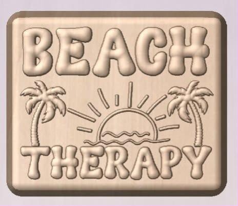 Beach therapy mold, a plaque with bubble lettering, a setting sun and two leaning palm trees