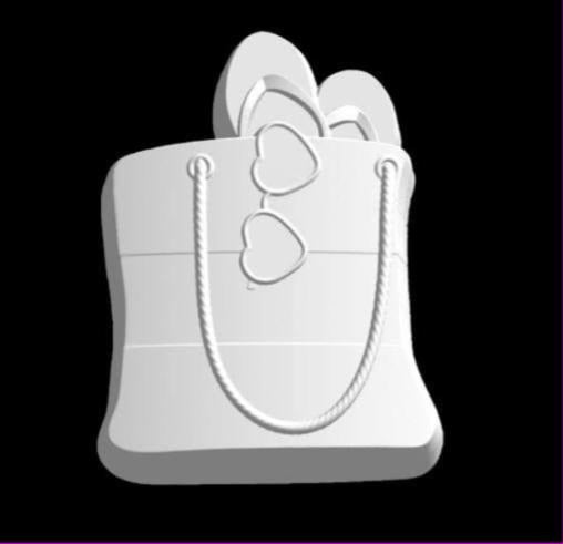 Beach bag mold, a tote with rope handles, flip-flops in the top and heart-shaped sunglasses