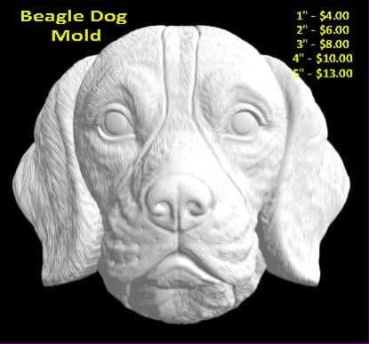 Beagle dog mold, a beagle head straight on with long drop ears and a wrinkled brow