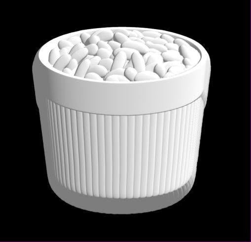 Baked beans cup mold, a ribbed cup heaped to the brim with beans