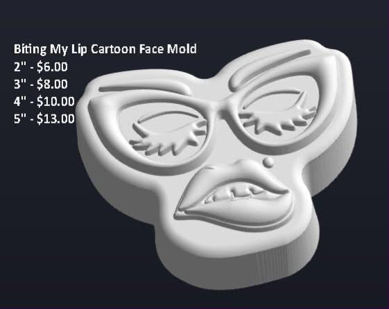 Cartoon face mold in cat-eye glasses with eyes closed, biting the lower lip