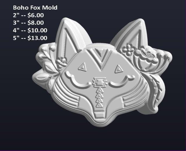 Boho fox mold, a stylised fox face with tribal markings and feathers behind the ears