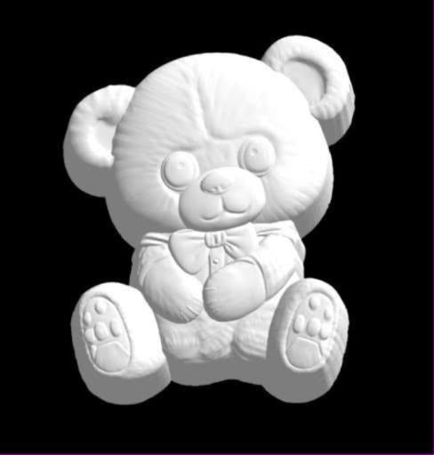 Bubba teddy bear mold, a chubby sitting bear with a bow tie and stitched paw pads